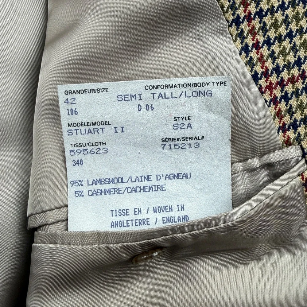 Vintage Paul Stuart Sport Coat Mens 42L Tan Plaid Houndstooth Lambswool Cashmere